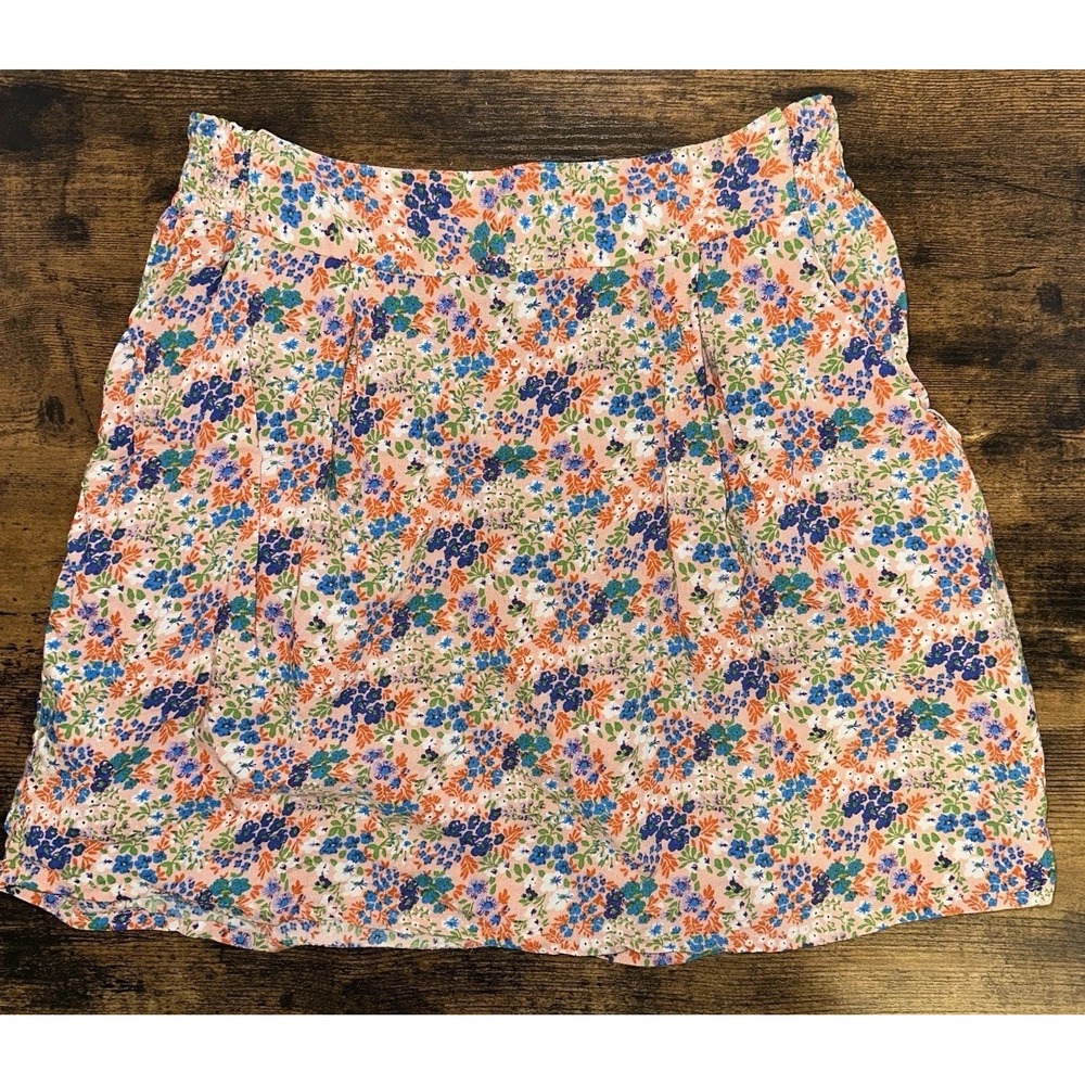 Forever 21 Floral Mini Skirt Womens Medium Peach Blue Smocked Elastic Waist - Picture 3 of 5